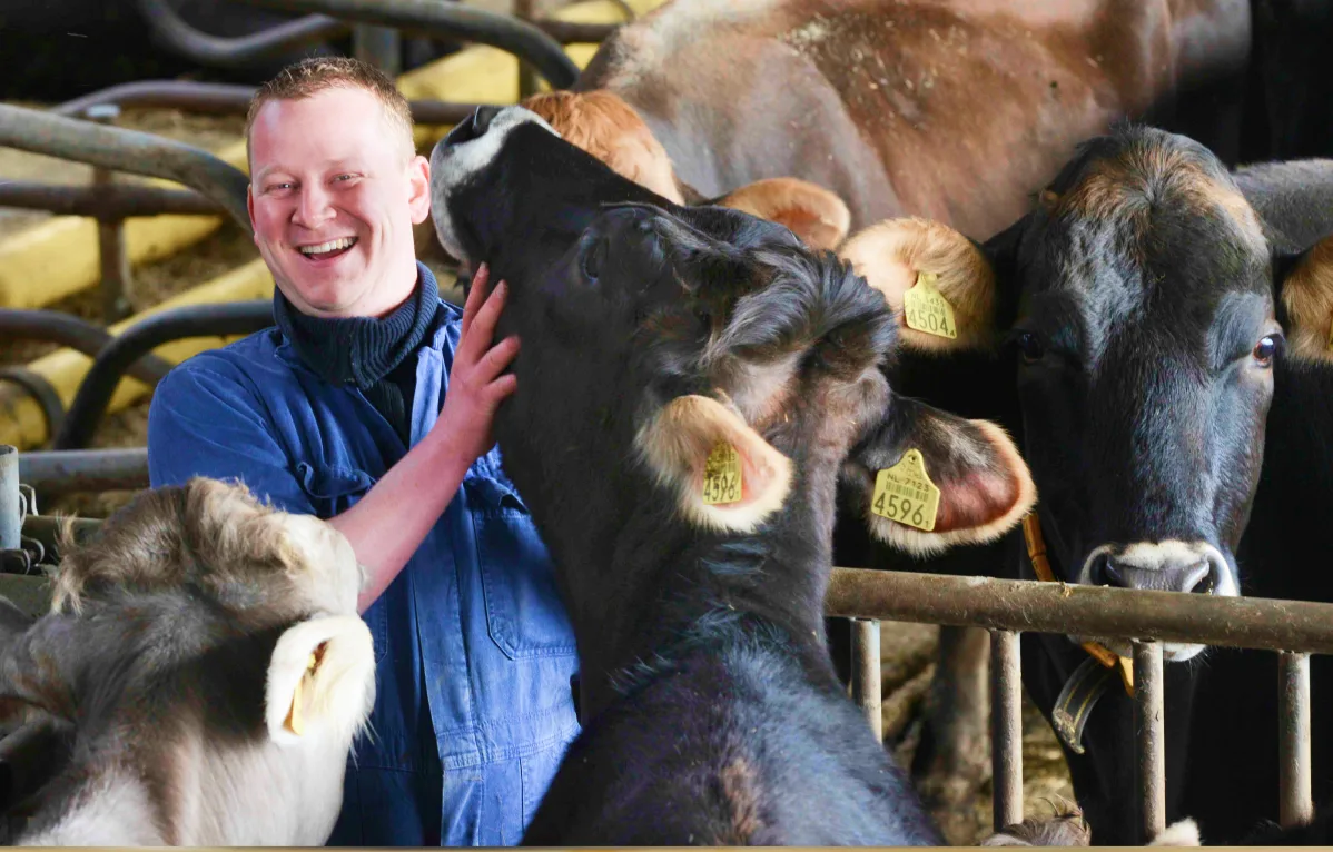 Een boer met een van zijn koeien
